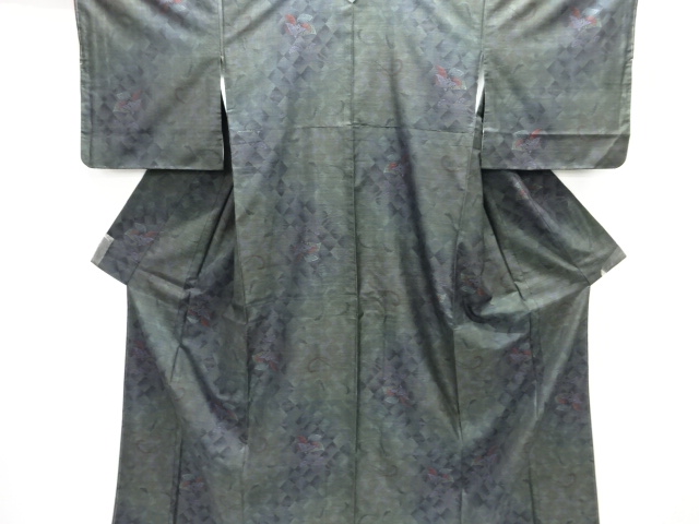 JAPANESE KIMONO / UNUSED / SILK / DORO OSHIMA TSUMUGI / WOVEN DIAGOCNAL CHECKERED & FLOWERS